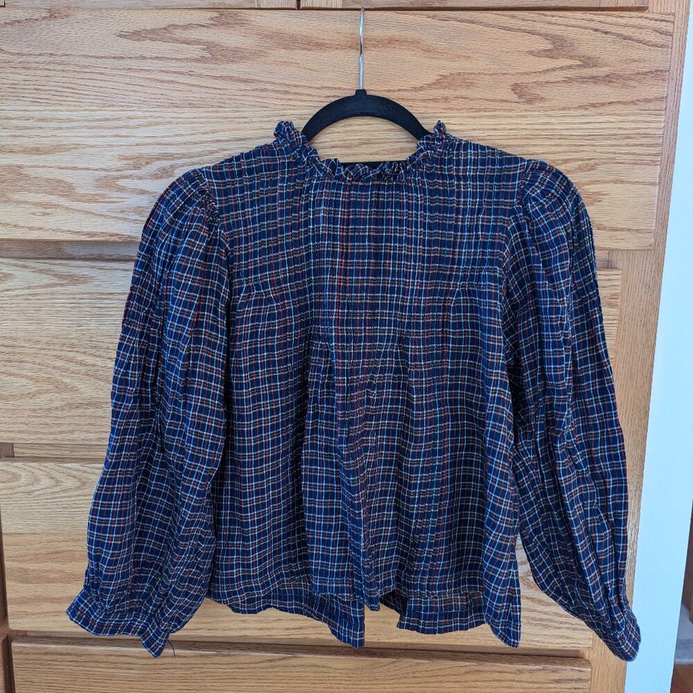 Doen navy blue plaid blouse